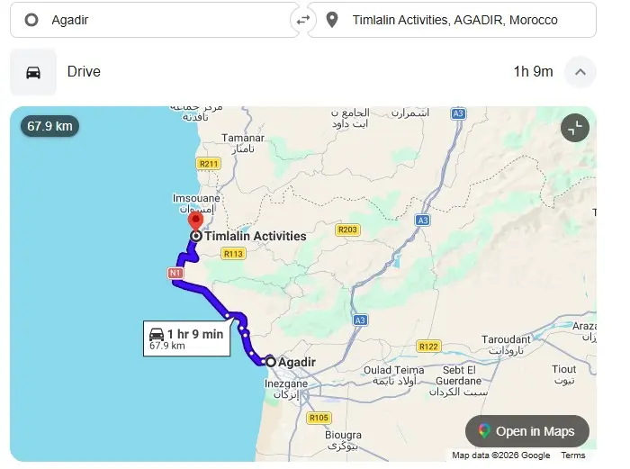 how to get from Agadir to Timlalin Dunes map route Morocco